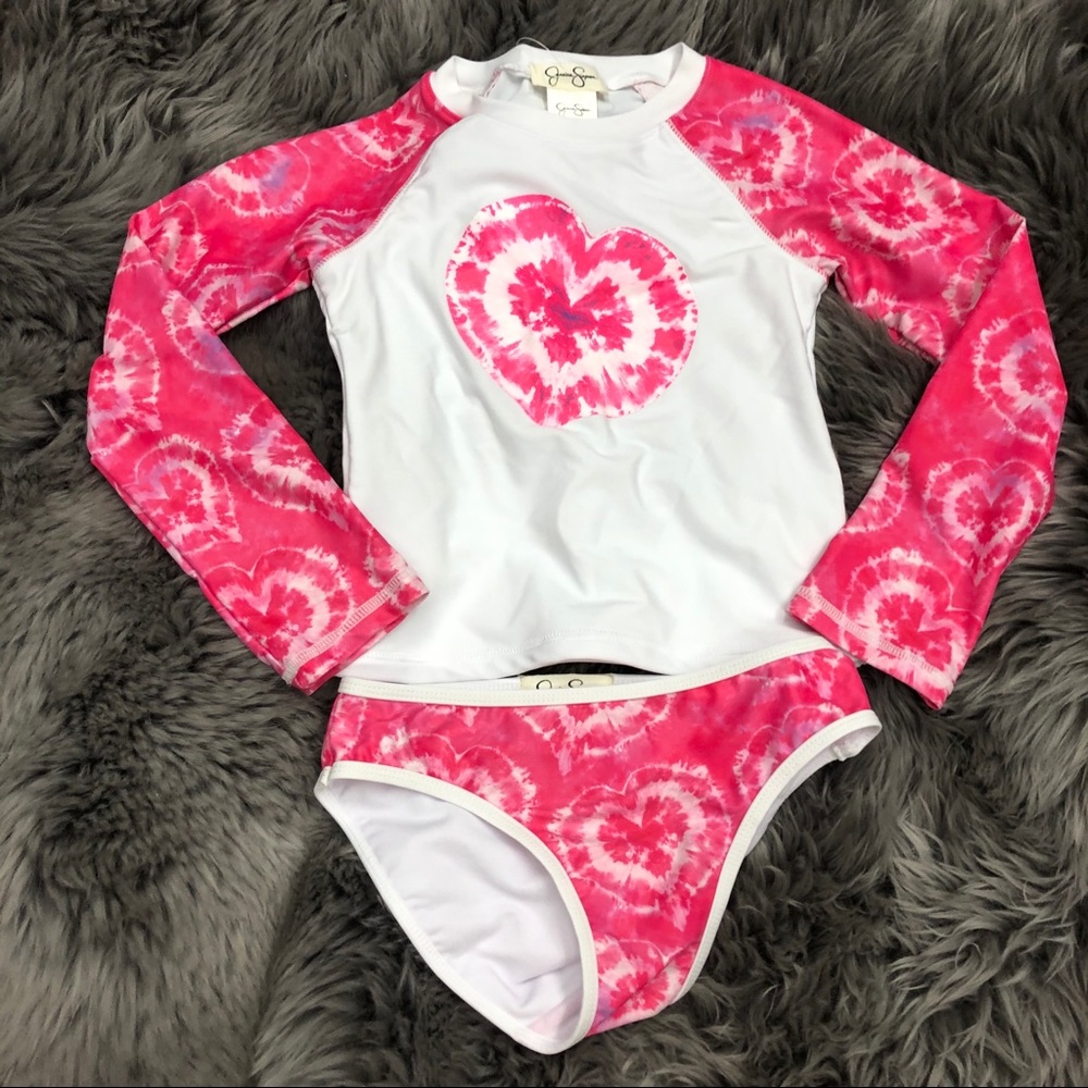 Jessica Simpson Girls 2 Piece Swim Set | Top and Bottom | Pink Tie-Dye Hearts